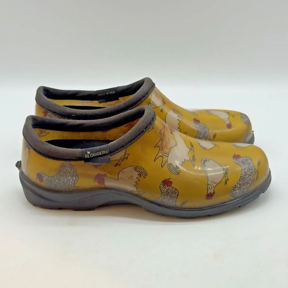 Sloggers Rain & Garden Shoes Women's 7 Waterproof Slip On Yellow Chicken Print